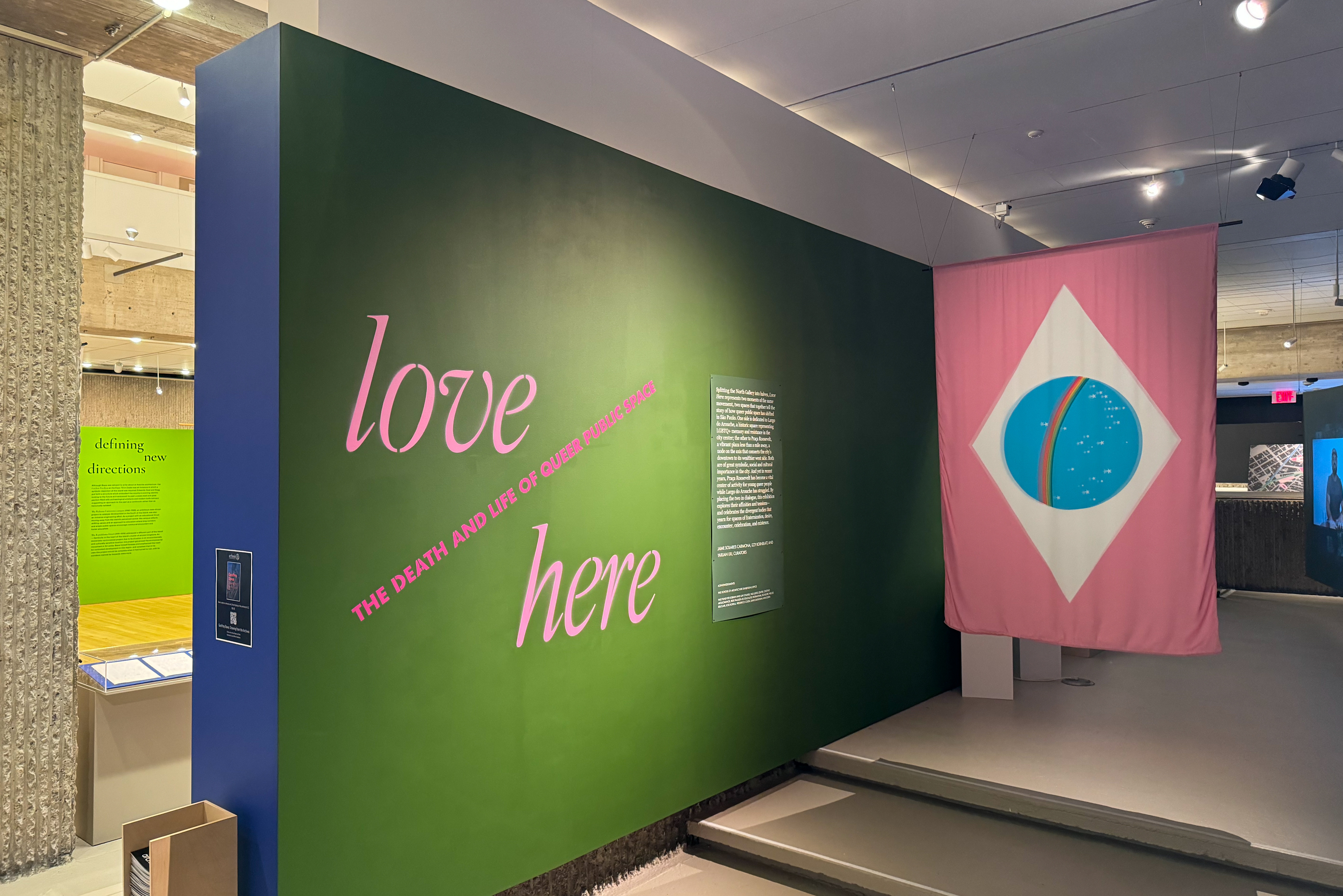 A view of an exhibition wall displaying the title “Love Here: The Death and Life of Queer Public Space” in large pink lettering on a green background. To the right, a pink flag with a blue circular design and a rainbow arc is hanging, allusive to the Brazilian flag. The text explores themes of queer public space in São Paulo, Brazil, and the layout hints at the importance of both history and current social dynamics in queer urban spaces.