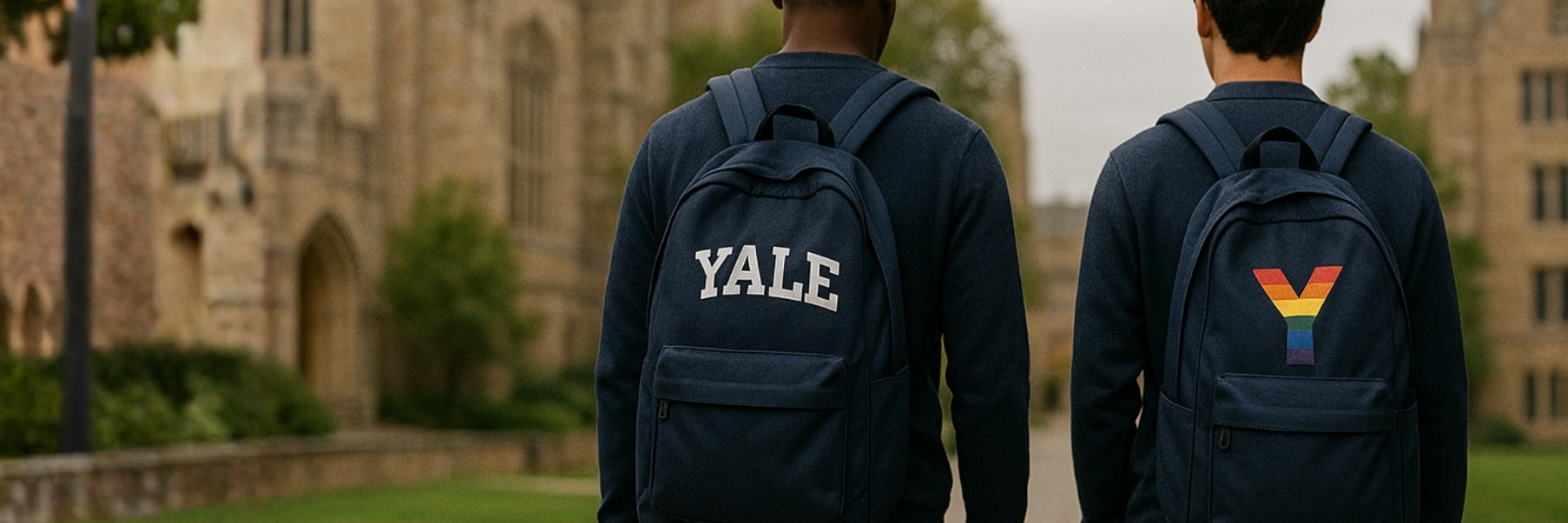 two students walking down a path together, one with a Yale backpack and one with a rainbow Y backpack