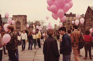 Vintage, non-specific LGBTQ Alumni with Pink Balloons