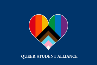 QUeer student alliance with progress flag heart