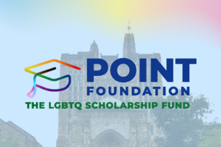 Point Foundation logo with Yale Sterling Library in background and rainbow gradient.