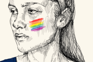 A drawing of a woman with long hair and a pride tattoo on her face.