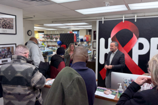 Group tours the reception area of the BEAT lab