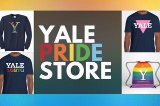 Yale PRIDE Store - featuring the rainbow Y sweatshirt, vintage and lgbtq tshirt, and rainbow drawstring bag.