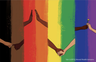 Yale Mental Health Initiative + Rainbow Flag with hands holding 